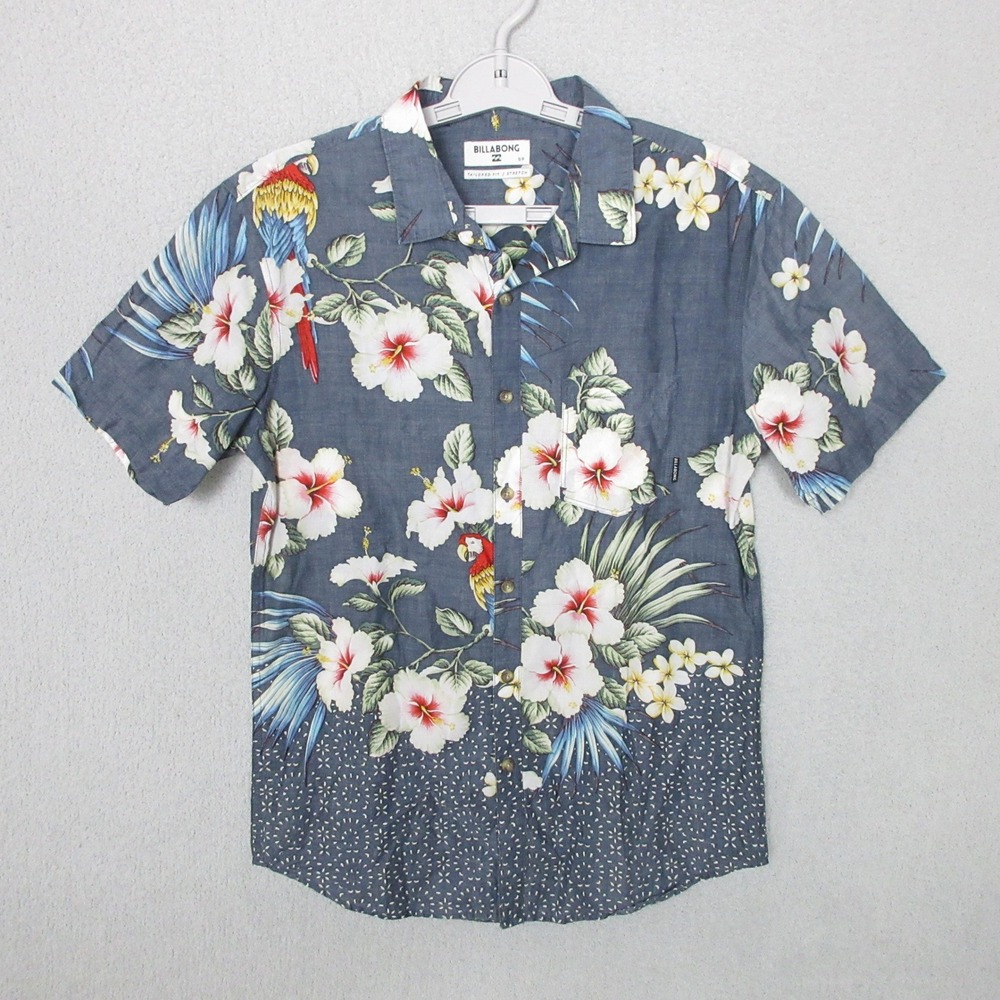 Billabong Hawaiian Shirt Floral Parrot Blue Tailored Fit Stretch Men's Small